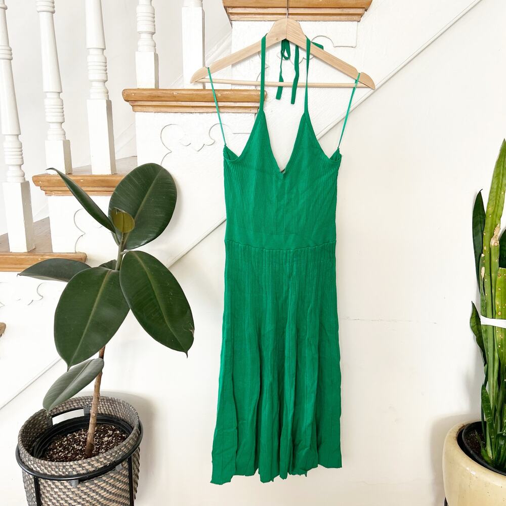 A New Day Ribbed Knit Halter Pleated Midi Dress Rayon Blend Green Size M